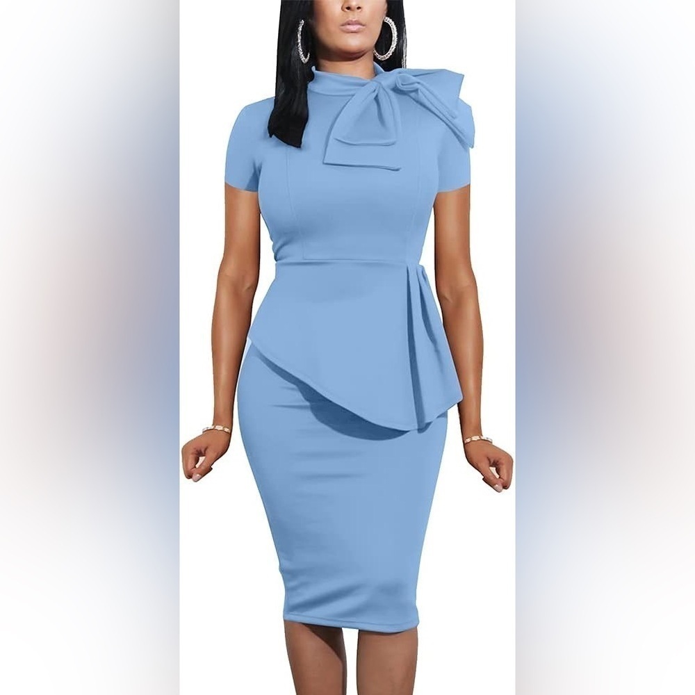 Beautiful and elegant sky blue with peplum detail, large bow dress